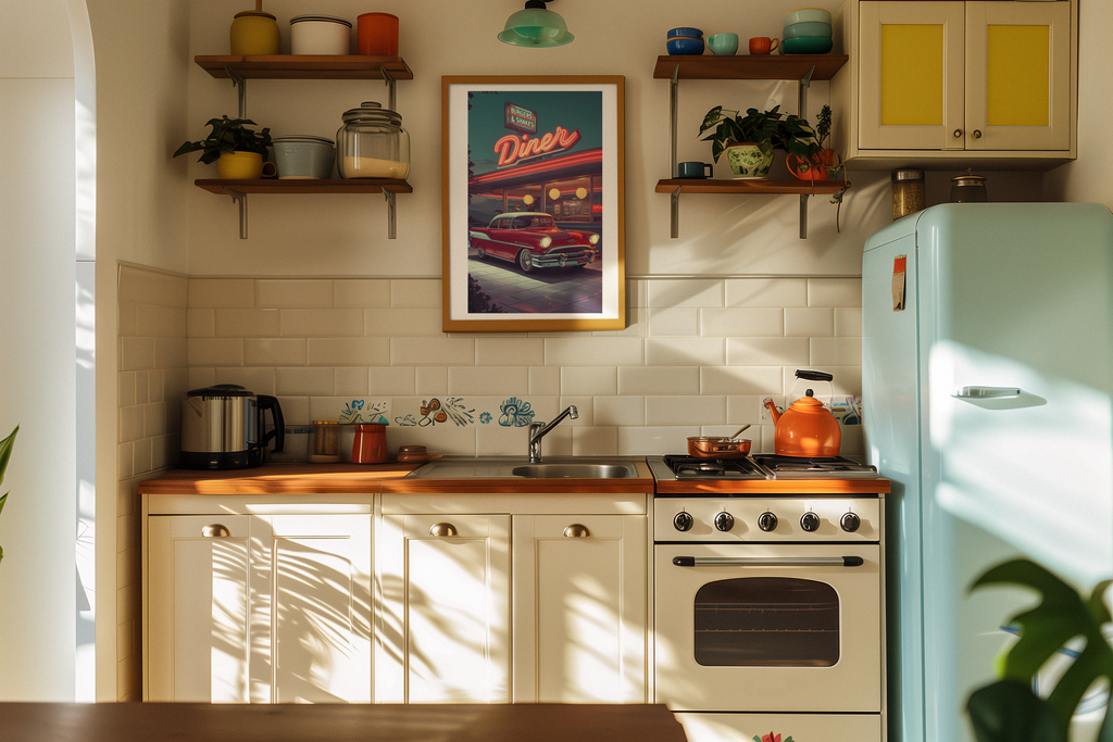 Vintage Red Car and Retro Diner Poster - Classic Americana Wall Art on Semi-Glossy Paper