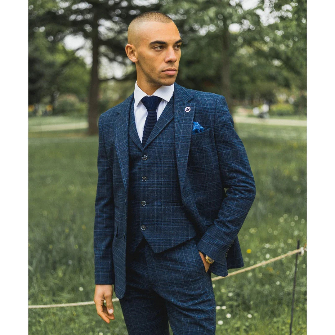 AK-13 - Men's Tweed 3 Piece Suit Blue Check 1920s Gatsby Blinders