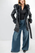 ALYSSA Long Faux Leather Coat with Faux Fur-Trimmed Hood