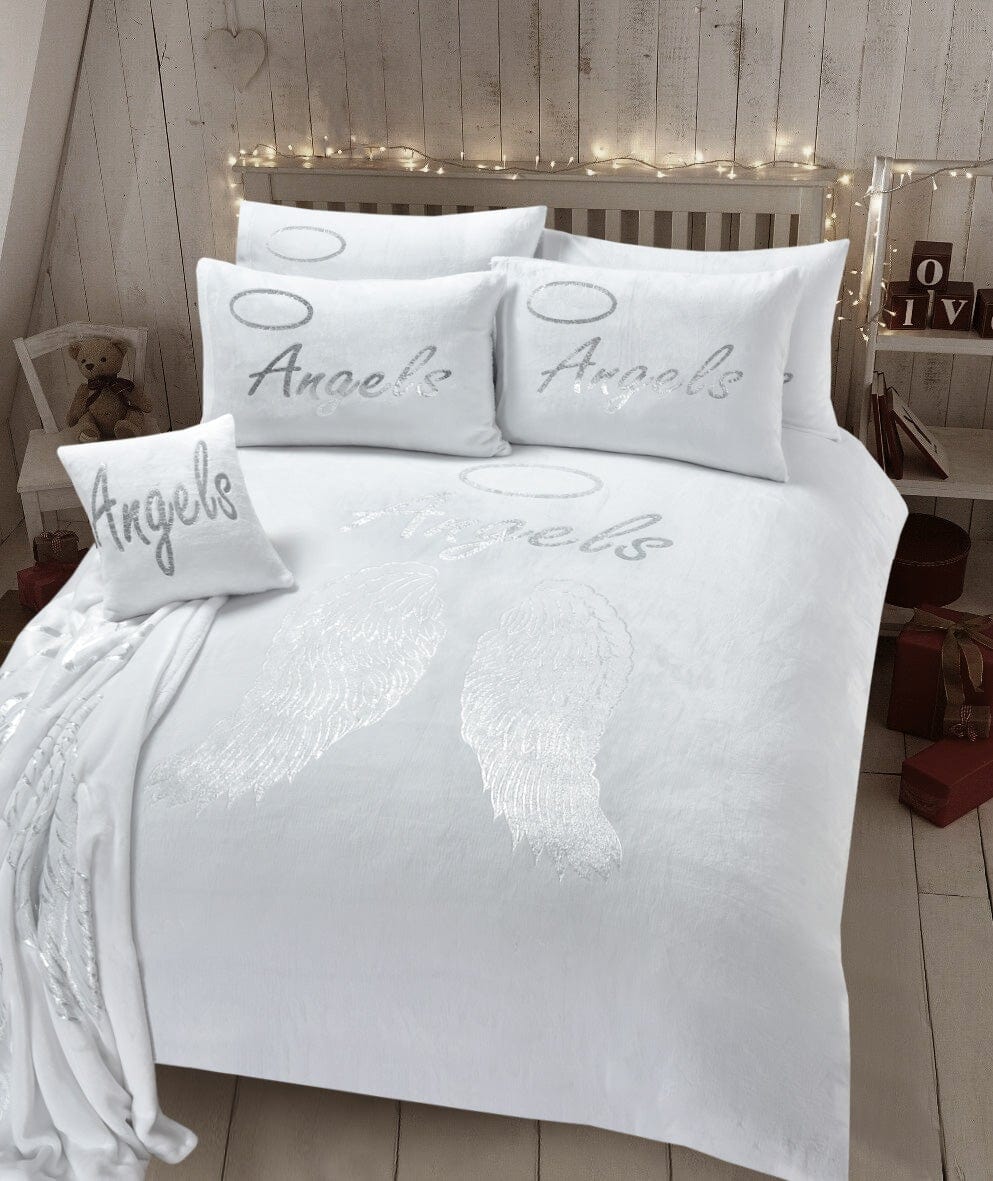 Angel Wings Luxurious Teddy Fleece Duvet Set Super Soft Faux Fur Bedding Pillow Cases Bed Throw Cushion in Pink White Grey by OLIVIA ROCCO