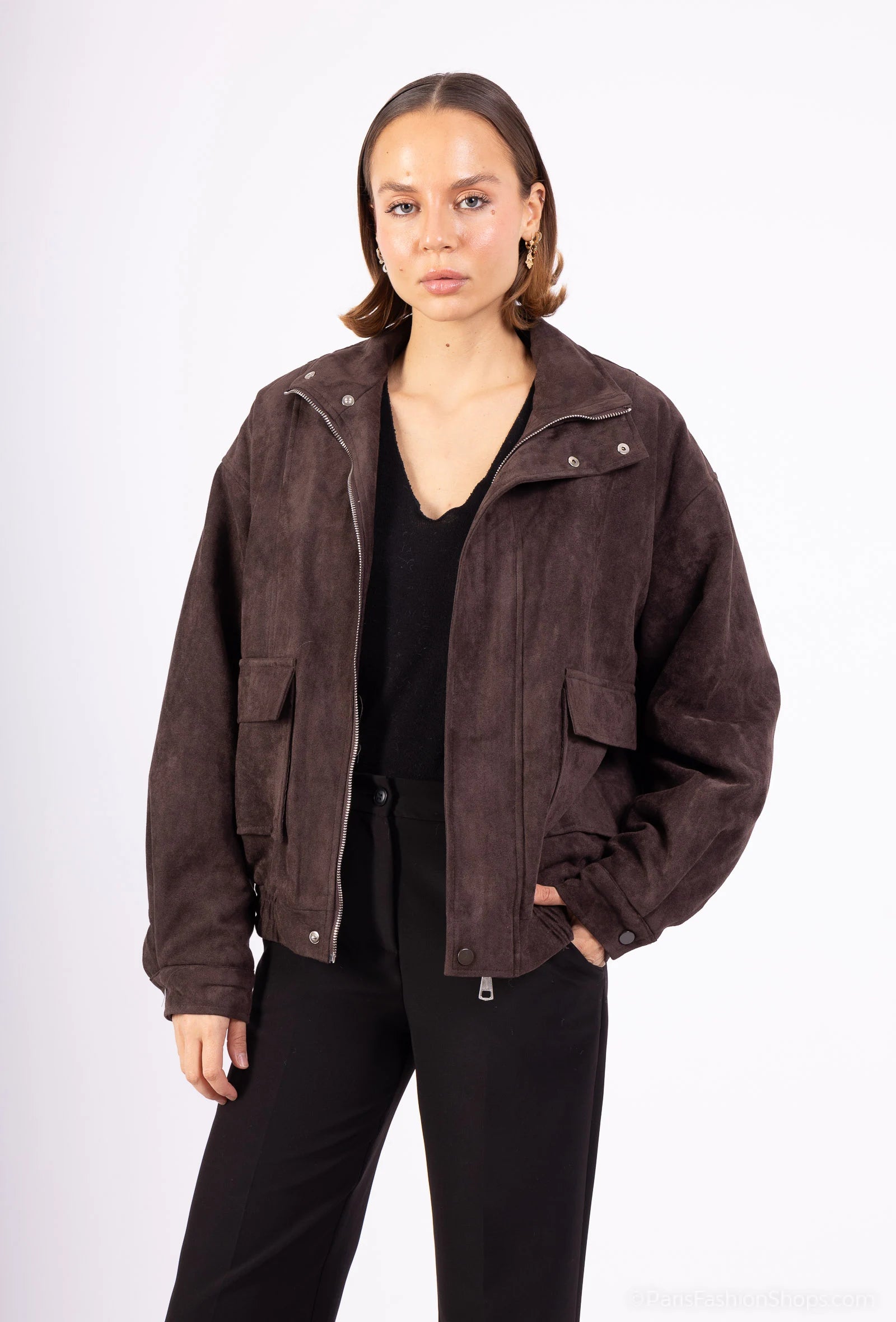ARLENA Short Suede-Look Zip-Up Jacket