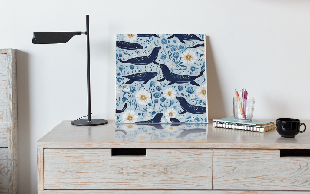 Whimsical Seal and Daisy Framed Wall Art – Coastal Nature Print, Ready to Hang