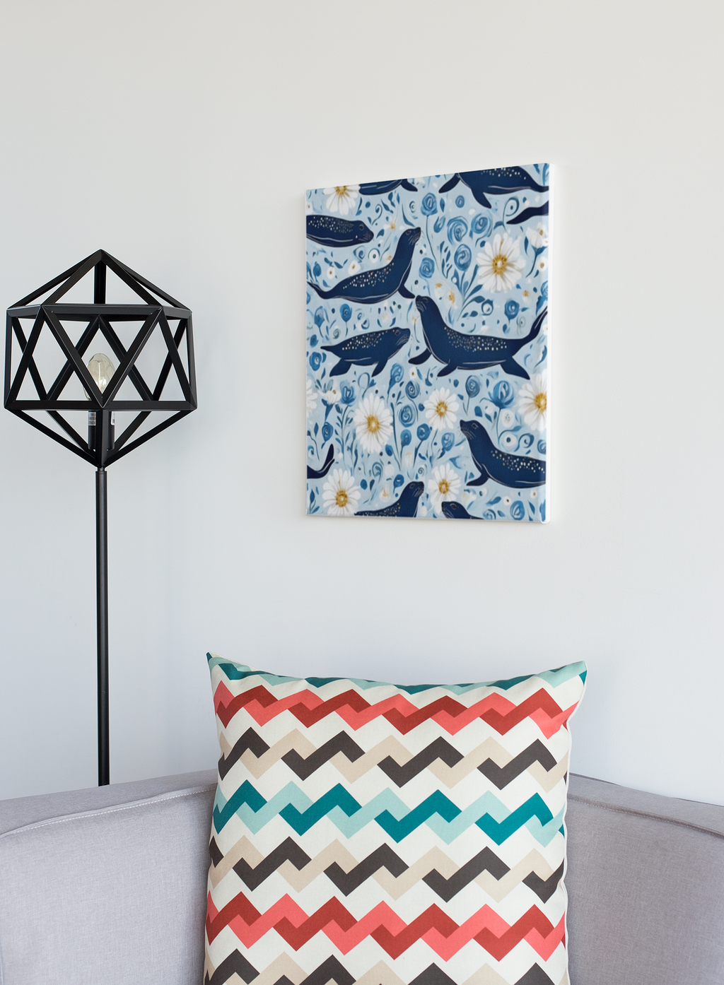 Whimsical Seal and Daisy Framed Wall Art – Coastal Nature Print, Ready to Hang