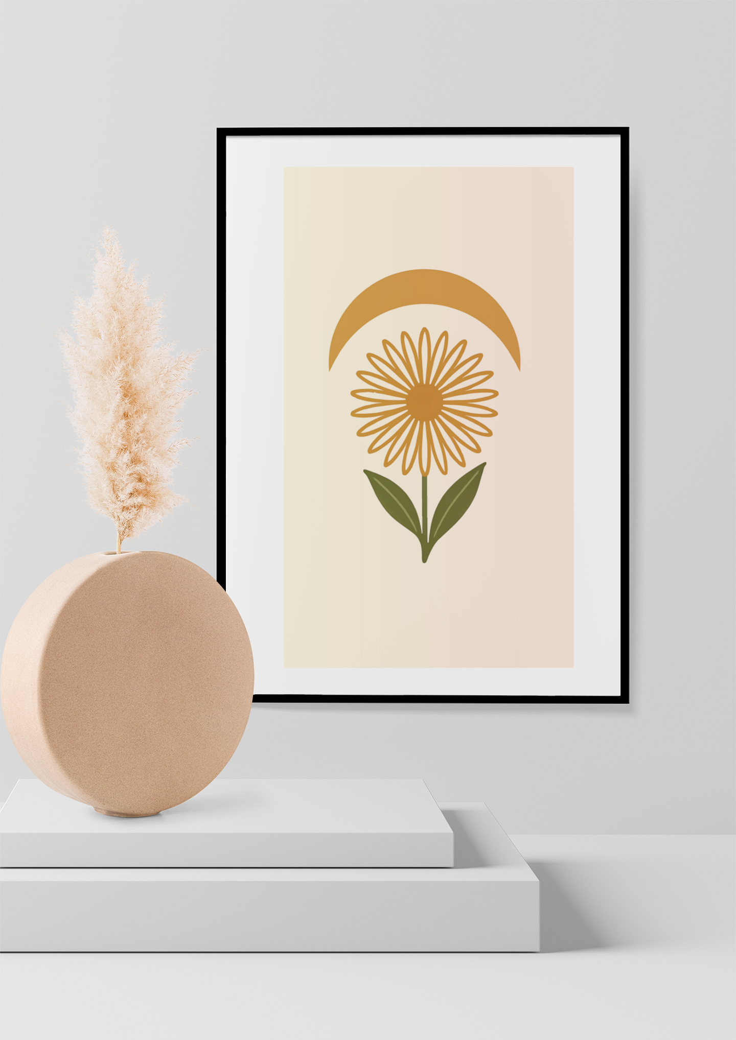 Minimal Flower & Crescent Print - Boho Botanical Poster | Earthy Modern Wall Art
