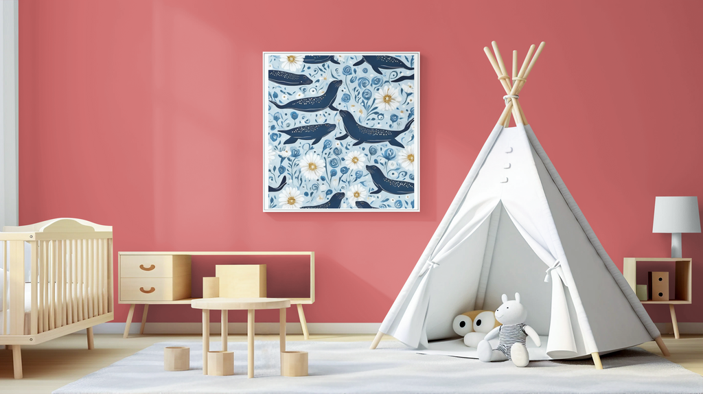 Whimsical Seal and Daisy Framed Wall Art – Coastal Nature Print, Ready to Hang