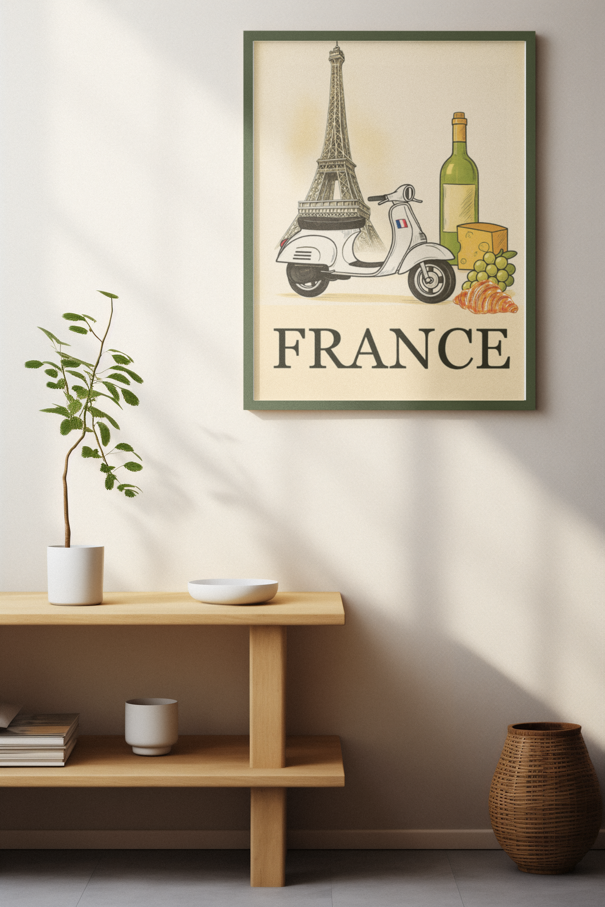 Vintage France Travel Poster - Paris Wall Art with Scooter, Wine & Cheese - Charming Home Decor
