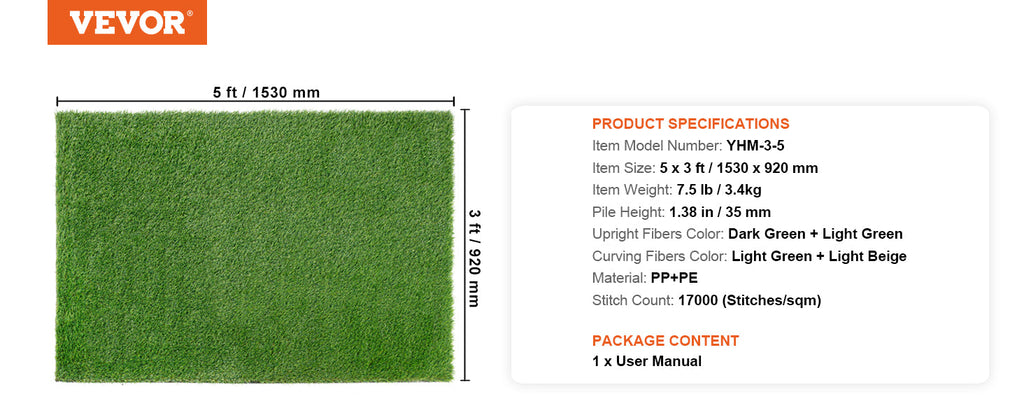 VEVOR Artifical Grass Rug Green Turf 1.38/1.57" Fake Door Mat Outdoor Patio Lawn Decoration Easy to Clean with Drainage Holes