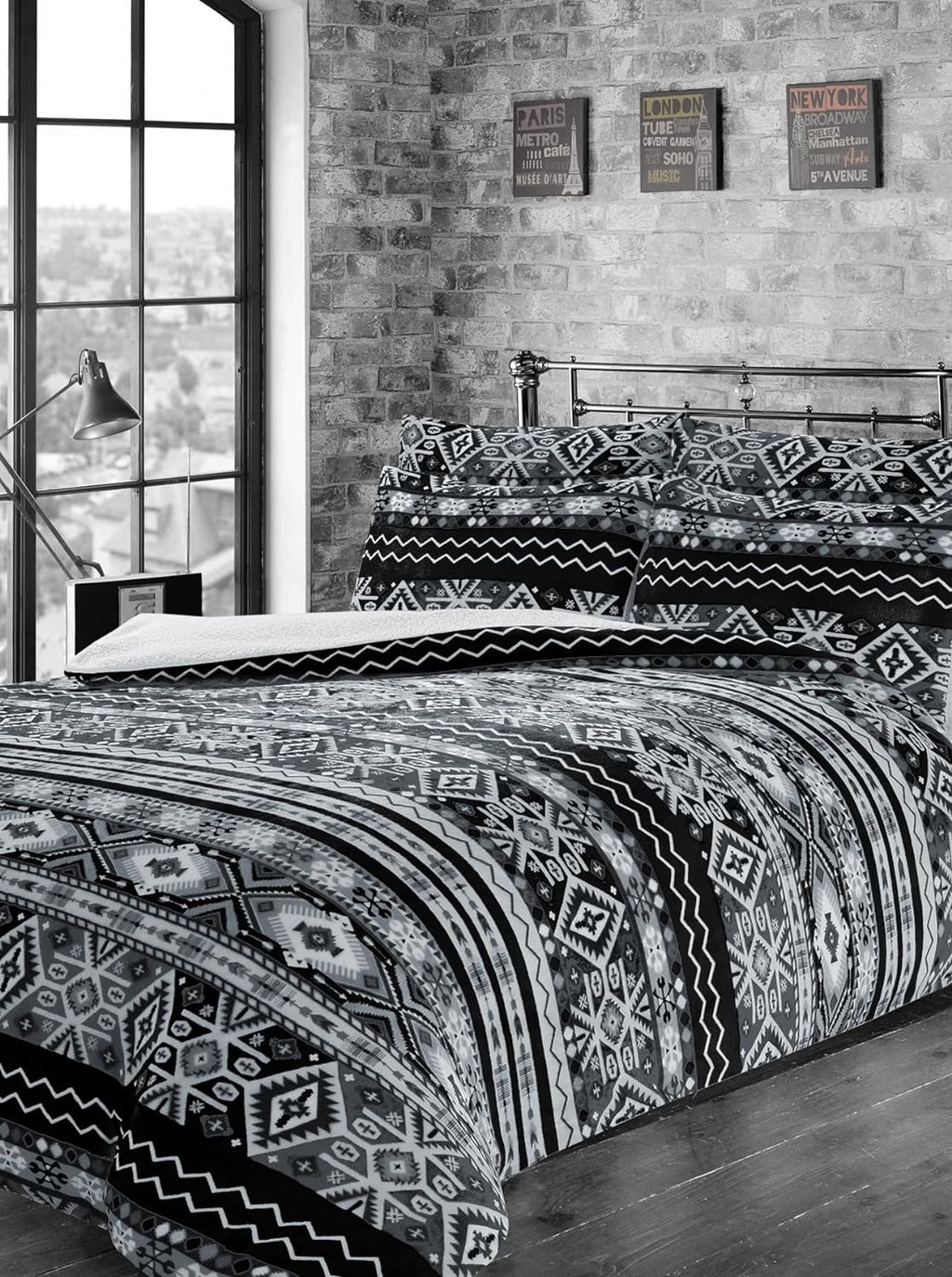 Aztec Print Teddy Fleece Duvet Set with Reversible Sherpa Fur Luxurious Winter Comfort in Single Double King Sizes by OLIVIA ROCCO