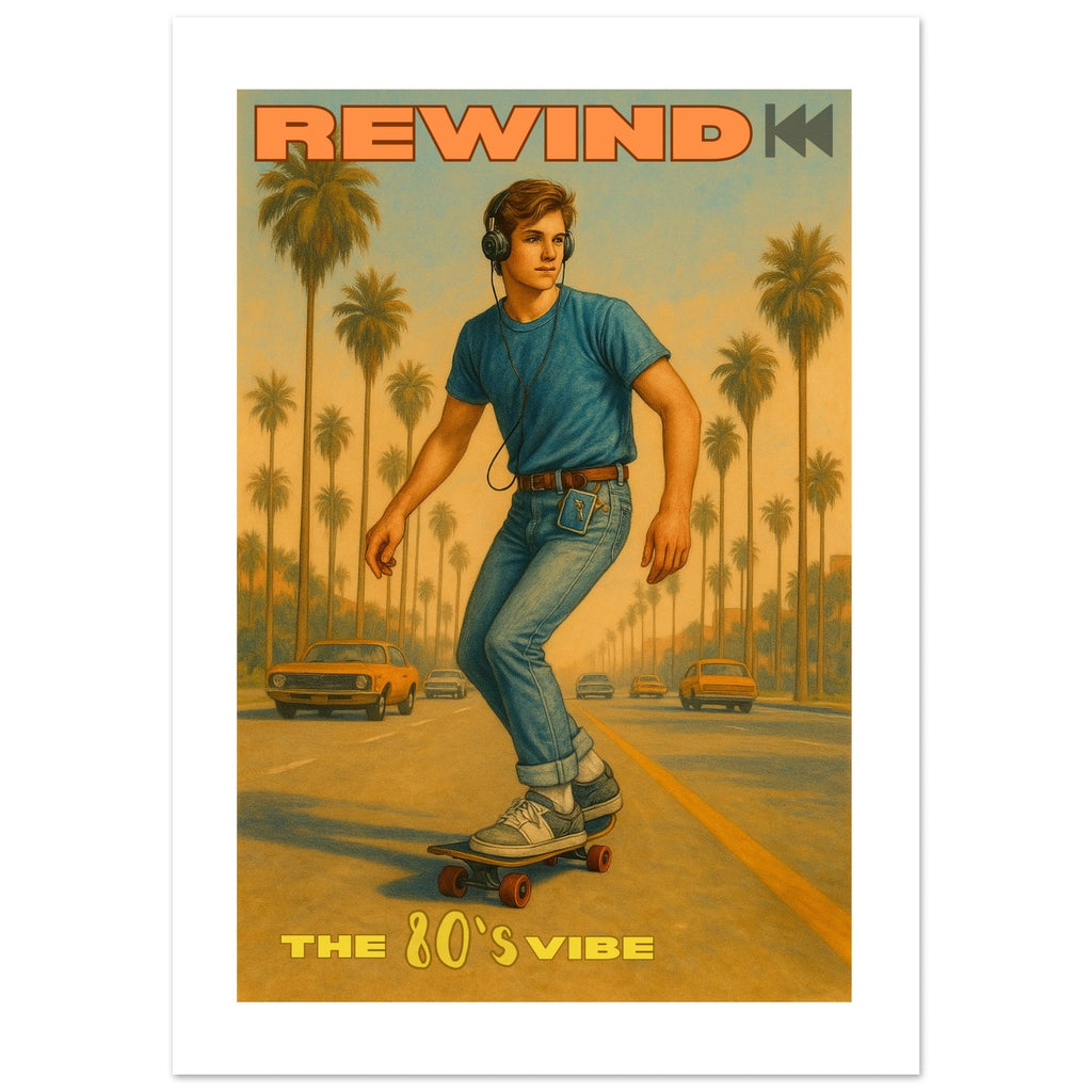 Retro 80's Vibe Poster – Skateboarder with Walkman | Vintage Wall Art