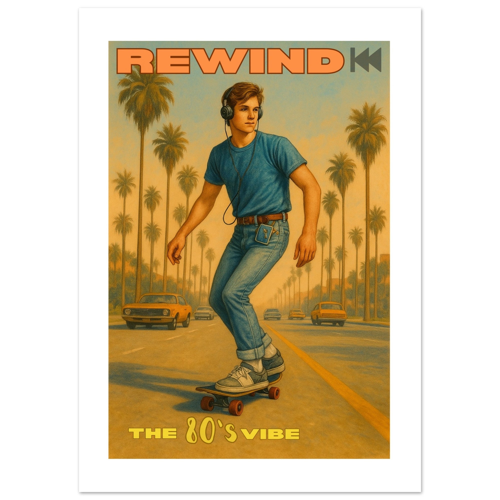 Retro 80's Vibe Poster – Skateboarder with Walkman | Vintage Wall Art