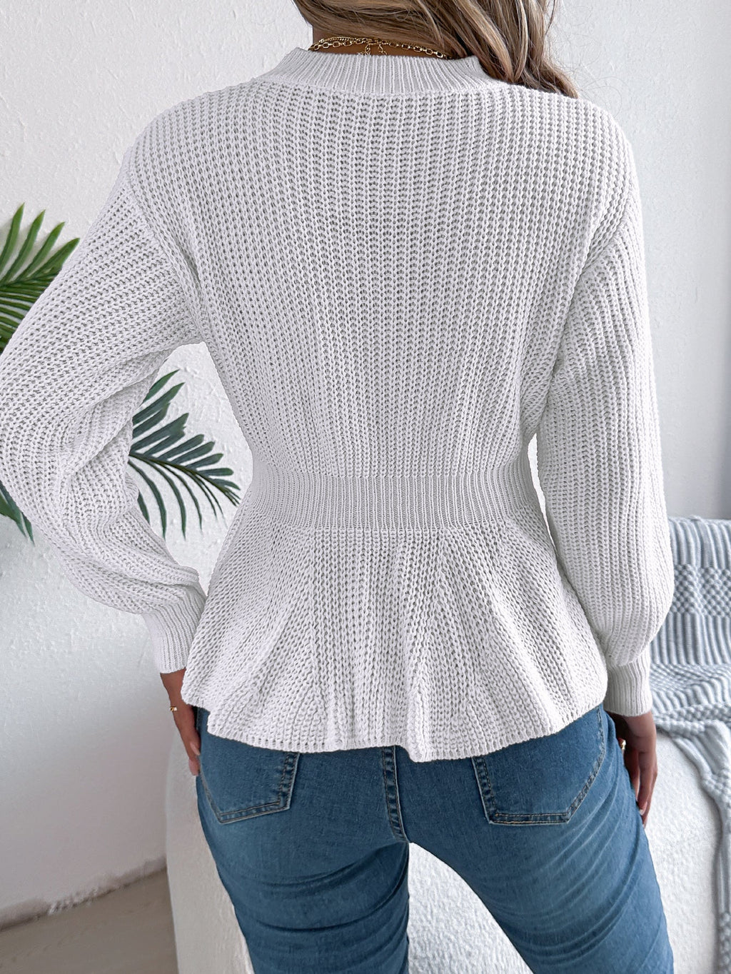 Women Solid Color Cable Knit Cinched Waist Ruffled Long Sleeve Pullover Sweater