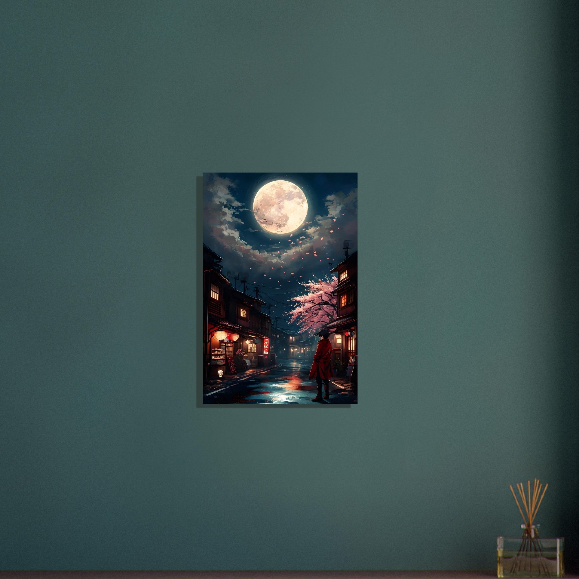 Japanese Cityscape Night Poster – Urban Glow Under the Moon