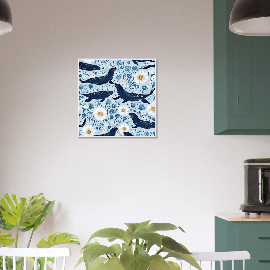 Whimsical Seal and Daisy Framed Wall Art – Coastal Nature Print, Ready to Hang