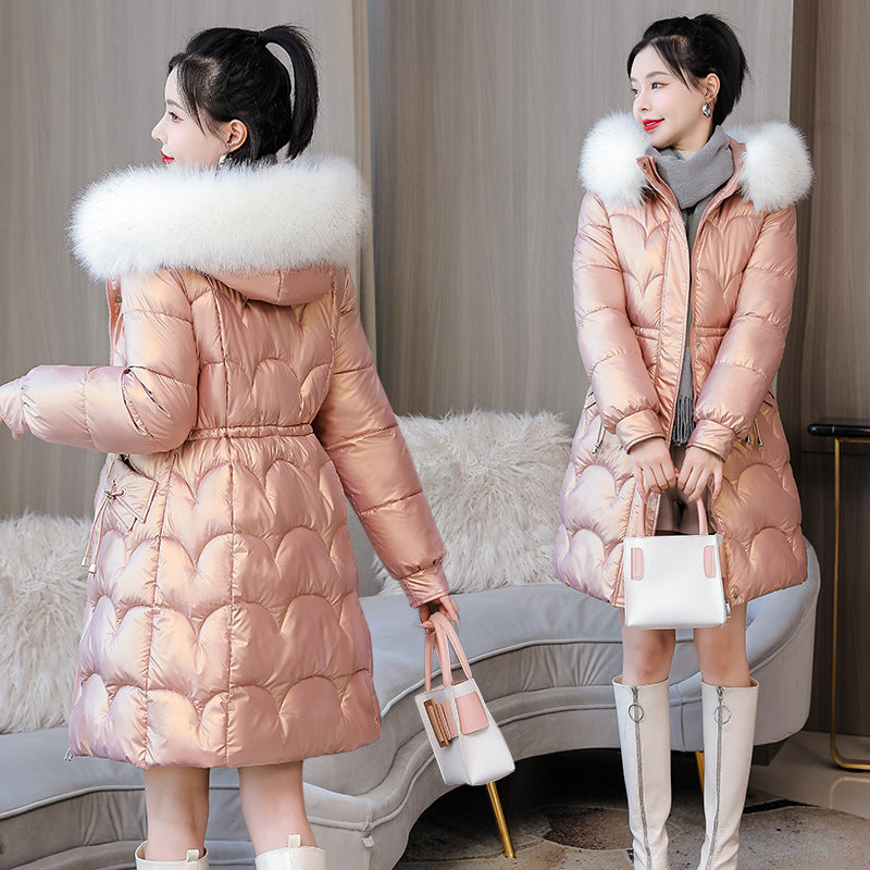 Glossy Women's Mid-length Thickened Warm Slim-fit Figure Flattering Fur Collar Cotton Clothes