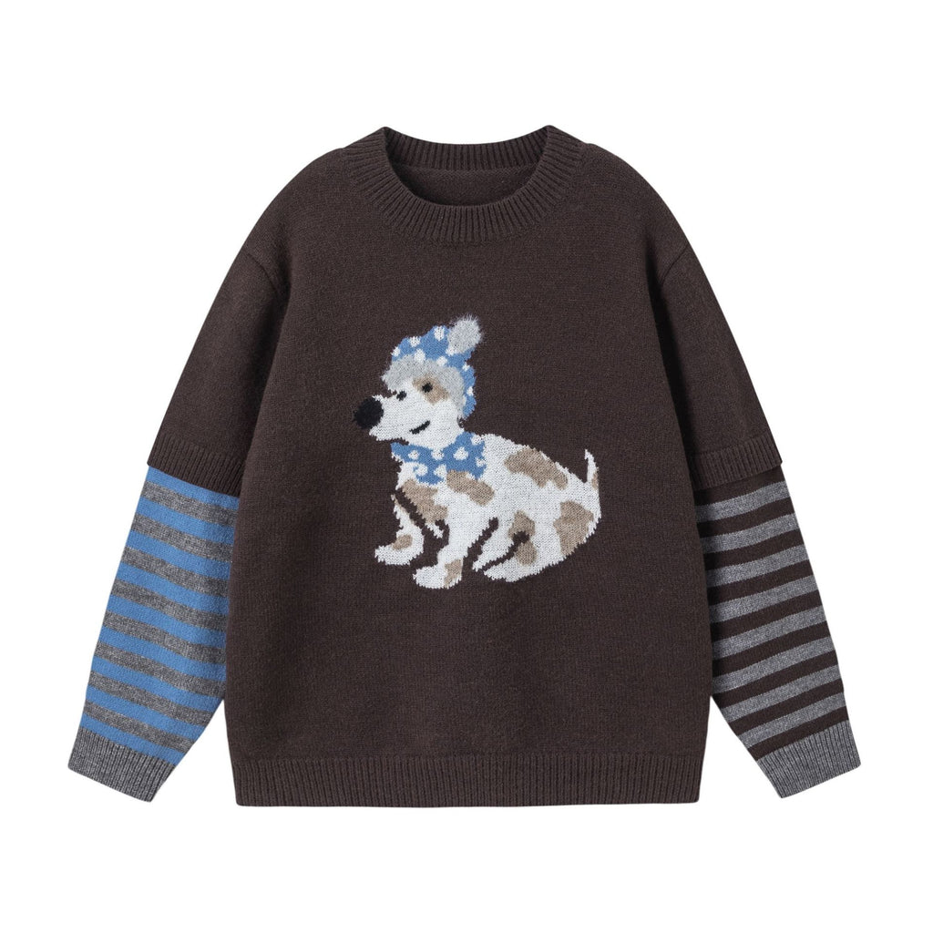 Autumn Dog Jacquard Fake Two-Piece Loose Sweater