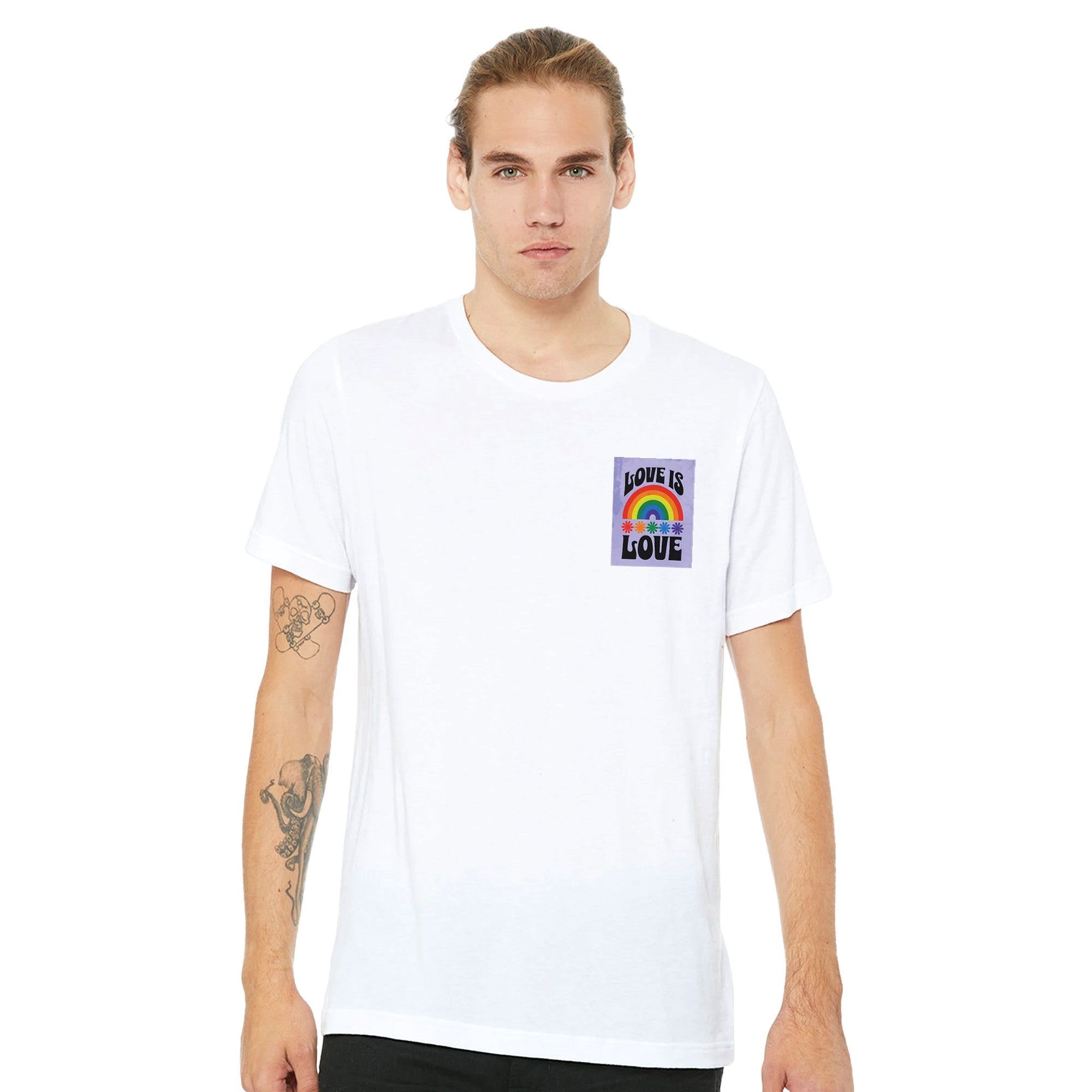 Love Is Love T-Shirt – Retro LGBTQ+ Pride Tee | Bella + Canvas 3001 Premium Unisex Crewneck | Rainbow Pocket Print Gift for All