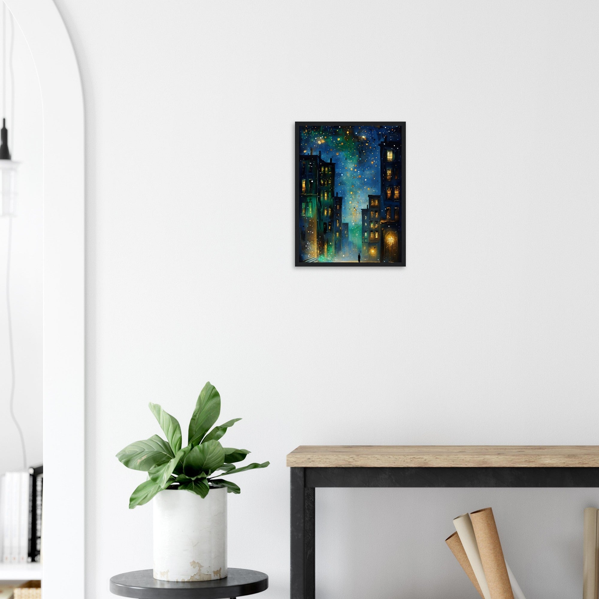 Surreal Urban Night Scene Poster - Vibrant Reflection - Black Framed Art Ready to Hang