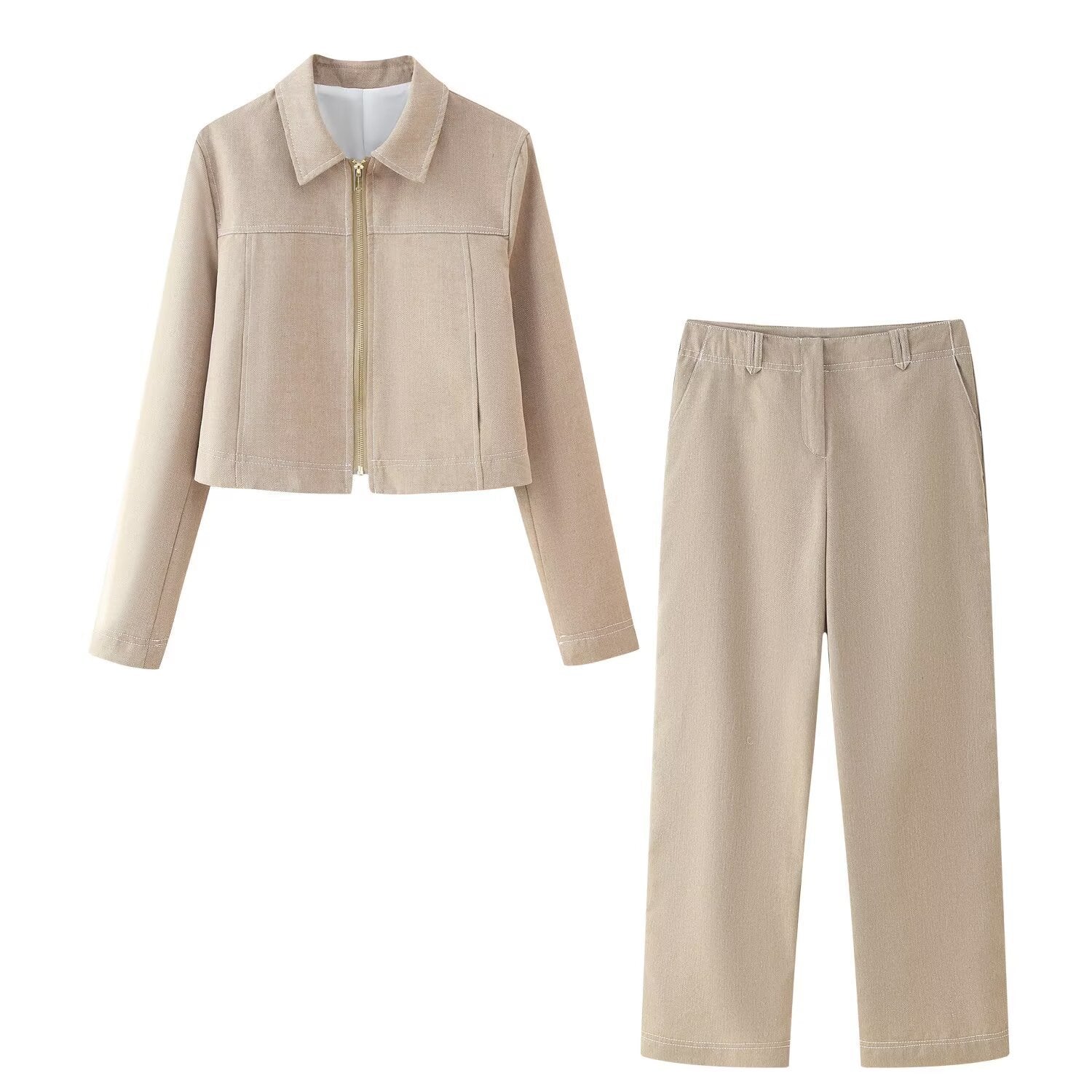 Summer New Casual Herringbone Pattern Long Sleeve Coat Straight-leg Pants Suit