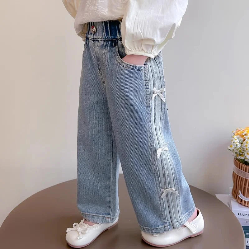 Girls Bow Jeans – 2025 Spring Autumn Loose Denim Trousers with Ribbon Detail