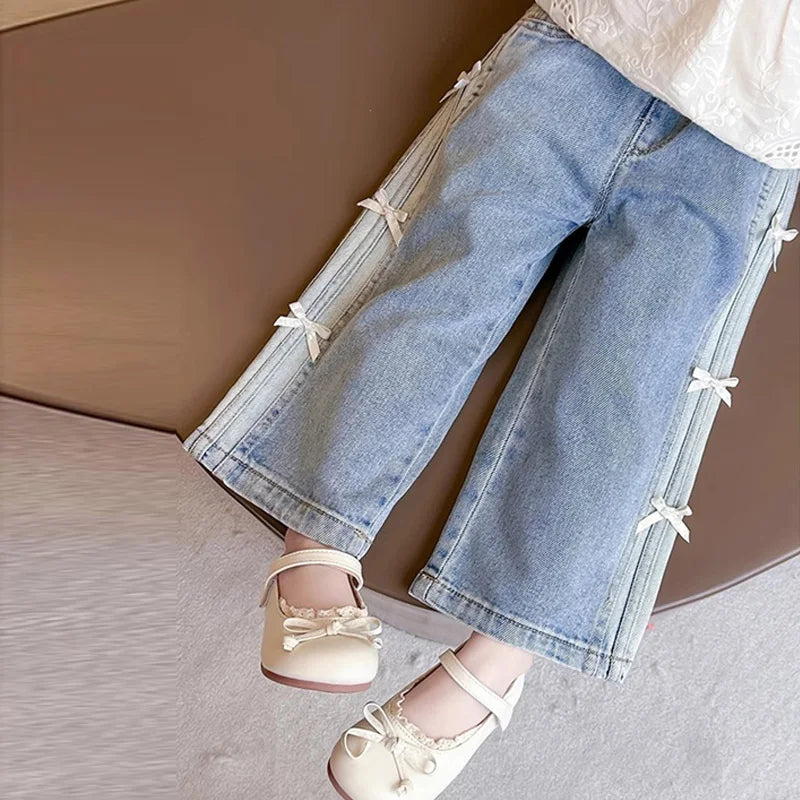 Girls Bow Jeans – 2025 Spring Autumn Loose Denim Trousers with Ribbon Detail
