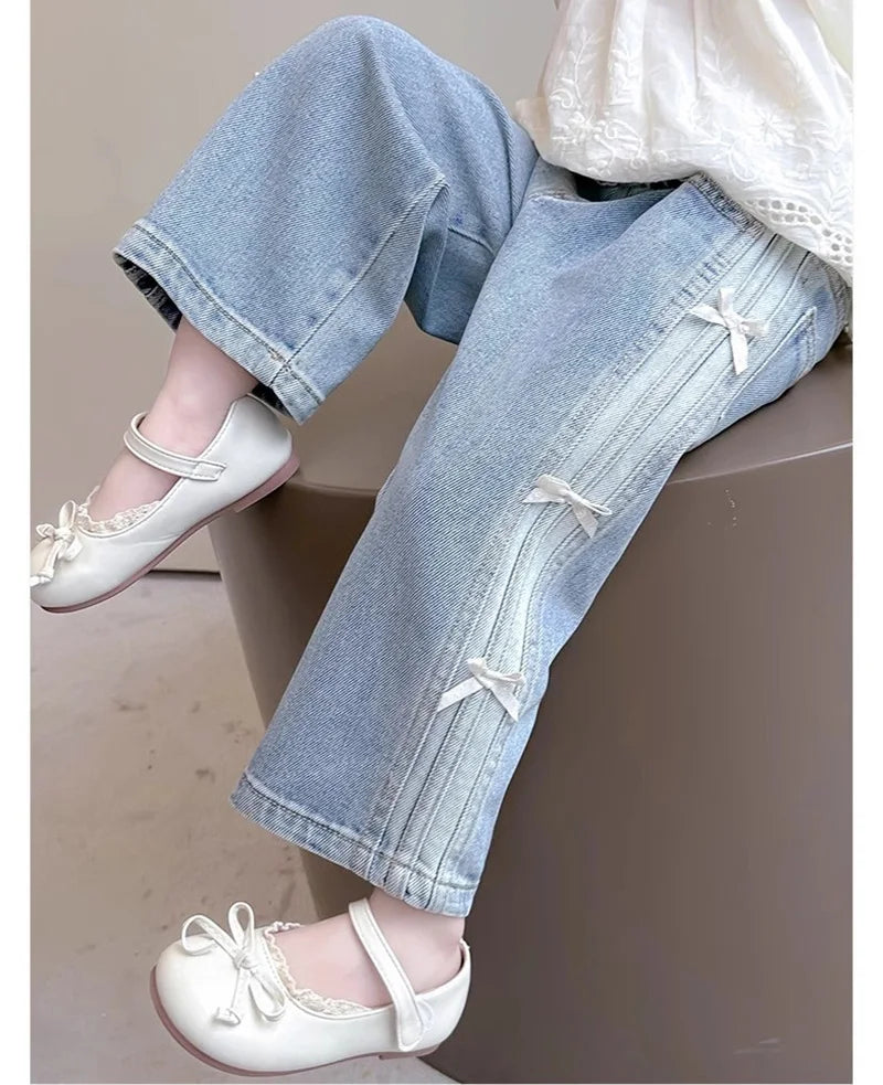 Girls Bow Jeans – 2025 Spring Autumn Loose Denim Trousers with Ribbon Detail