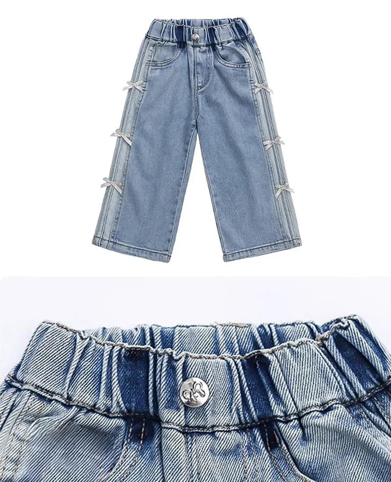 Girls Bow Jeans – 2025 Spring Autumn Loose Denim Trousers with Ribbon Detail
