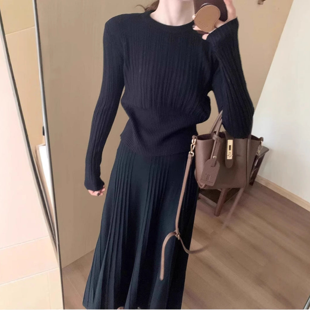 Gray Knitted Temperament Long Dress Suit