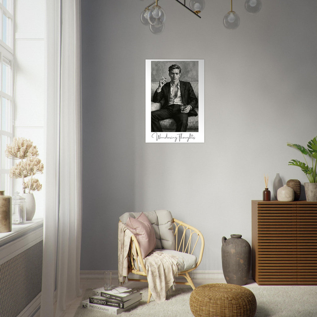 Contemplative Mood Poster. Stylish Man with Whiskey & Cigarette - Retro Decor