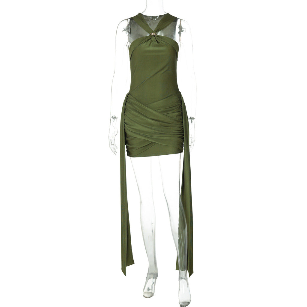 Women's Sleeveless Halter Neck Pleated Waist Slimming Dress
