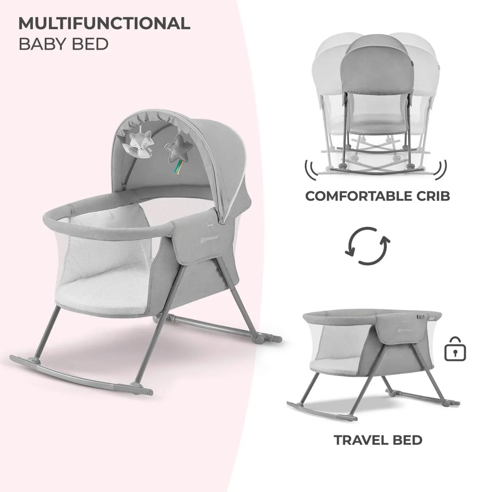 Kinderkraft Lovi 3 in 1 Baby Crib - Grey