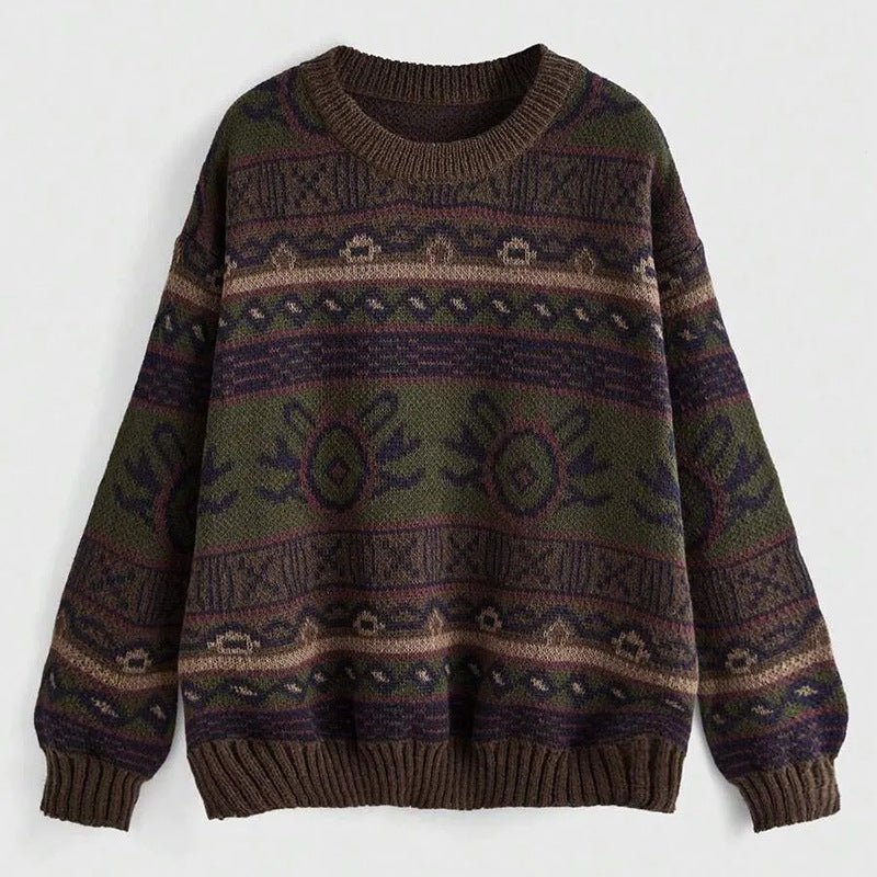 Women's Jacquard Color Block Pullover Sweater - Round Neck Knit