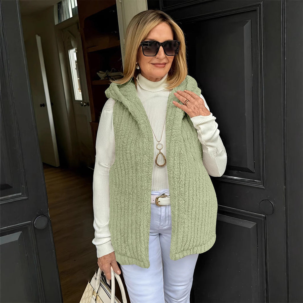 Women's Solid-Color Casual Fuzzy Hooded Vest Sleeveless Jacket