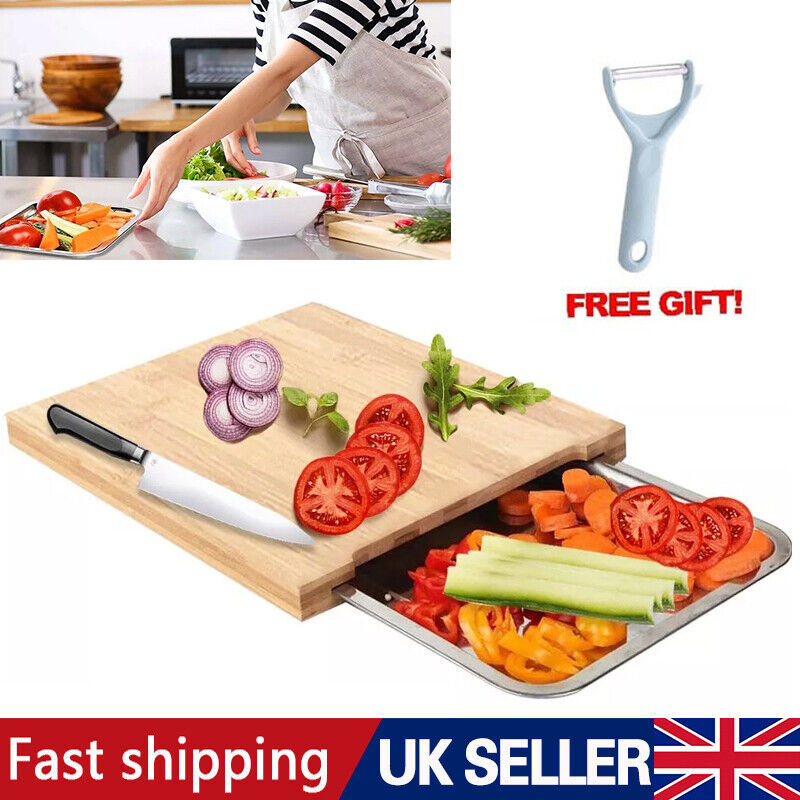 Bamboo Wooden Chopping Board Cutting Slicing  Sliding Stainless Steel Tray