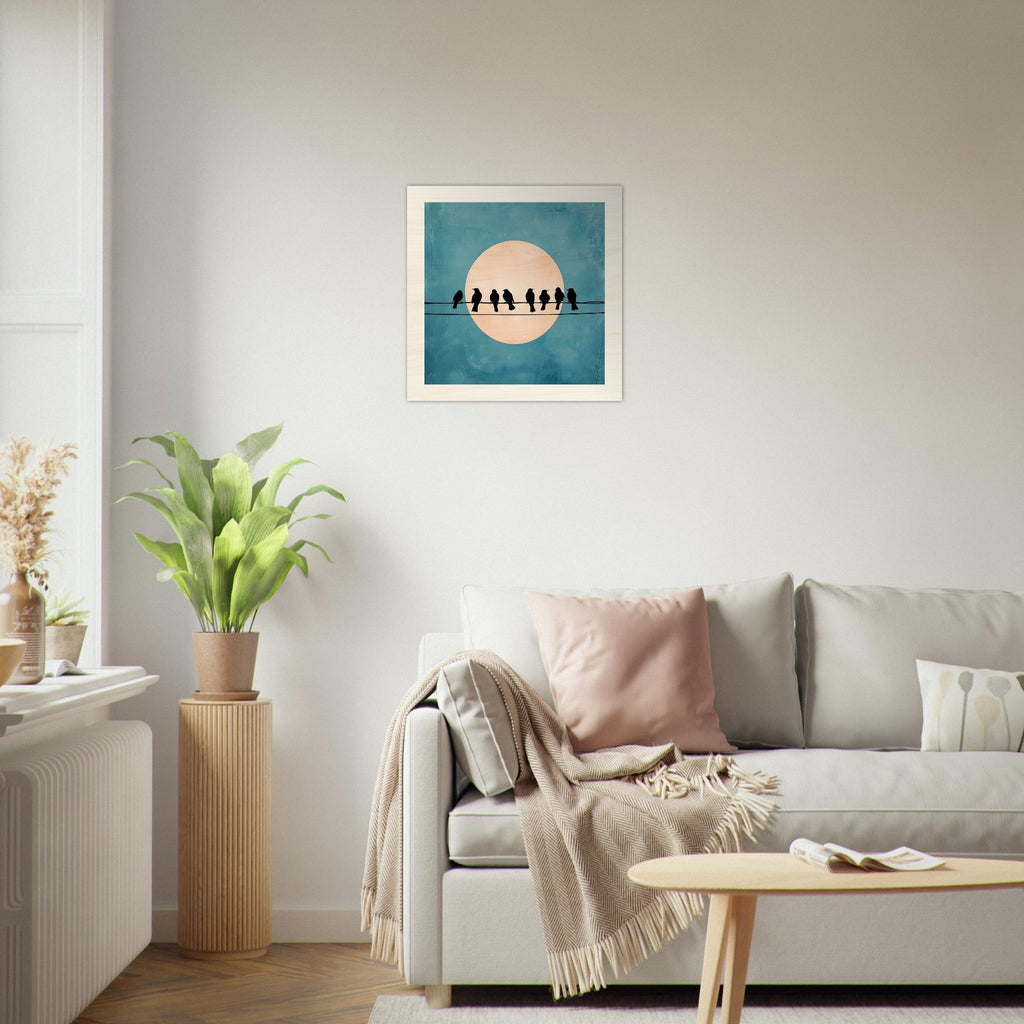 Birds on a Wire Wooden Wall Art - Minimalist Sunset Silhouette Print - Rustic Home Decor