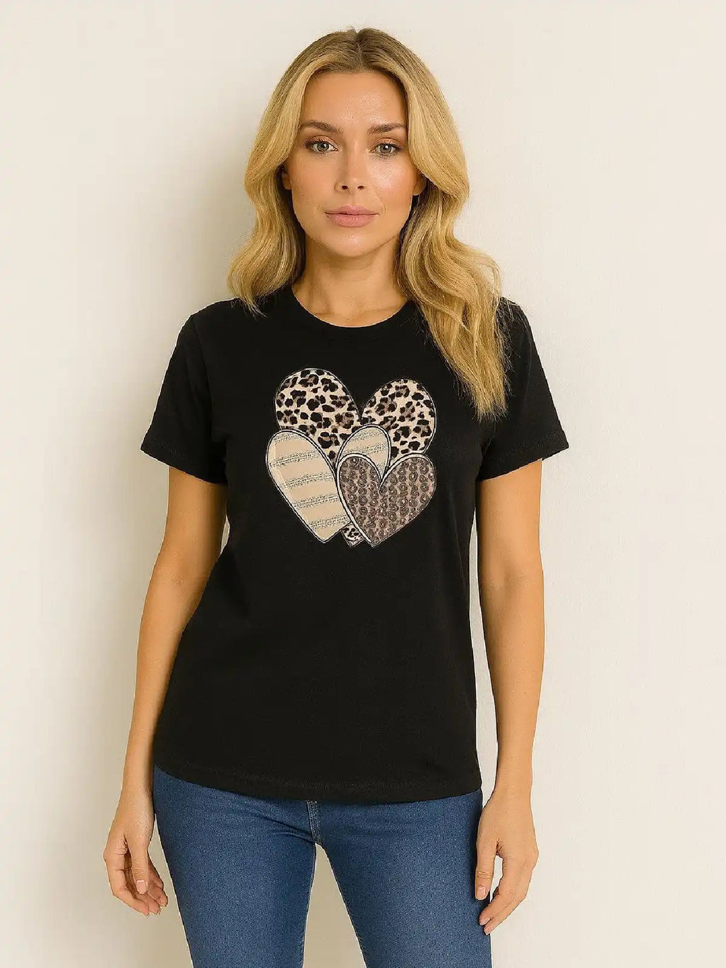 Leopard Print Multi Hearts Graphic T-Shirt