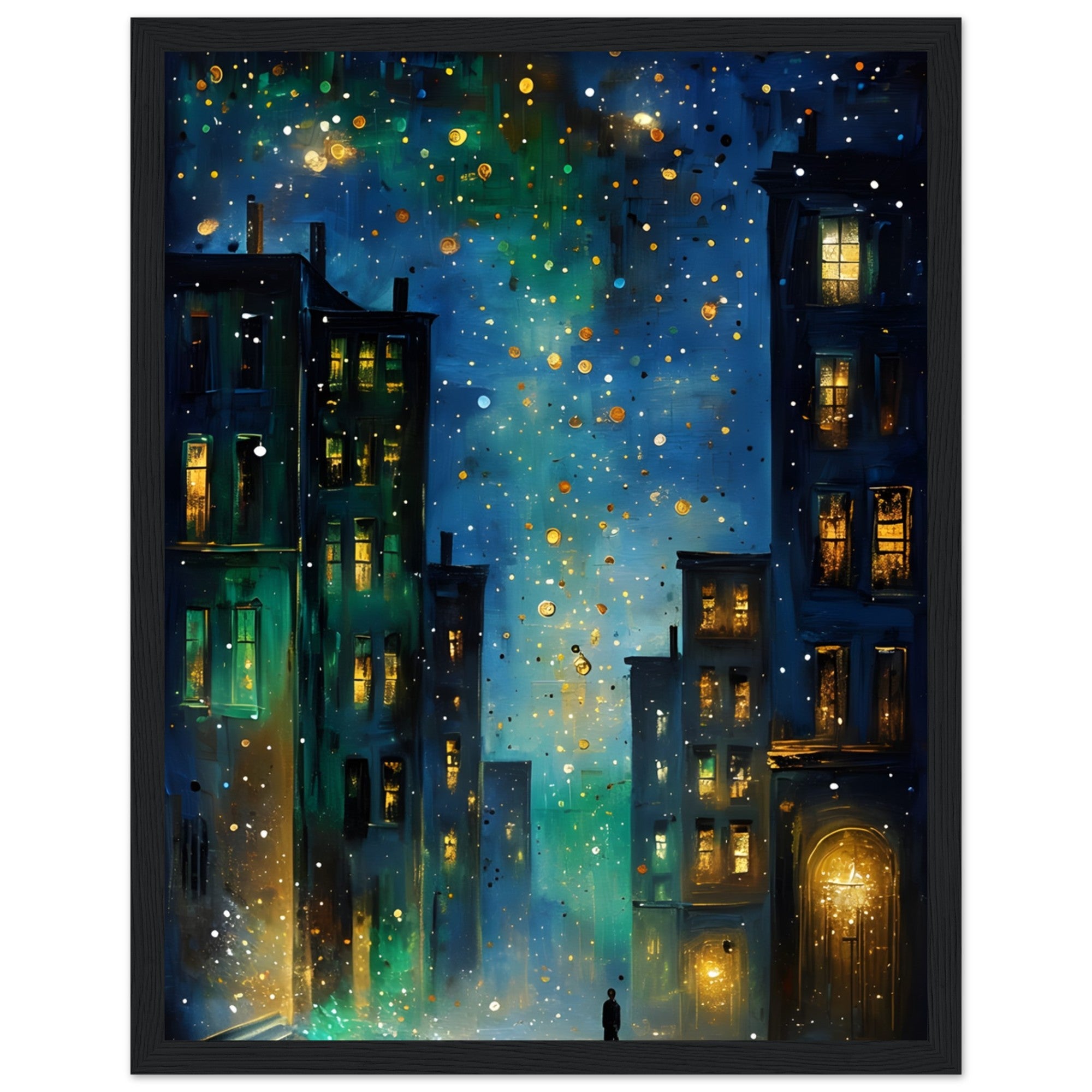 Surreal Urban Night Scene Poster - Vibrant Reflection - Black Framed Art Ready to Hang