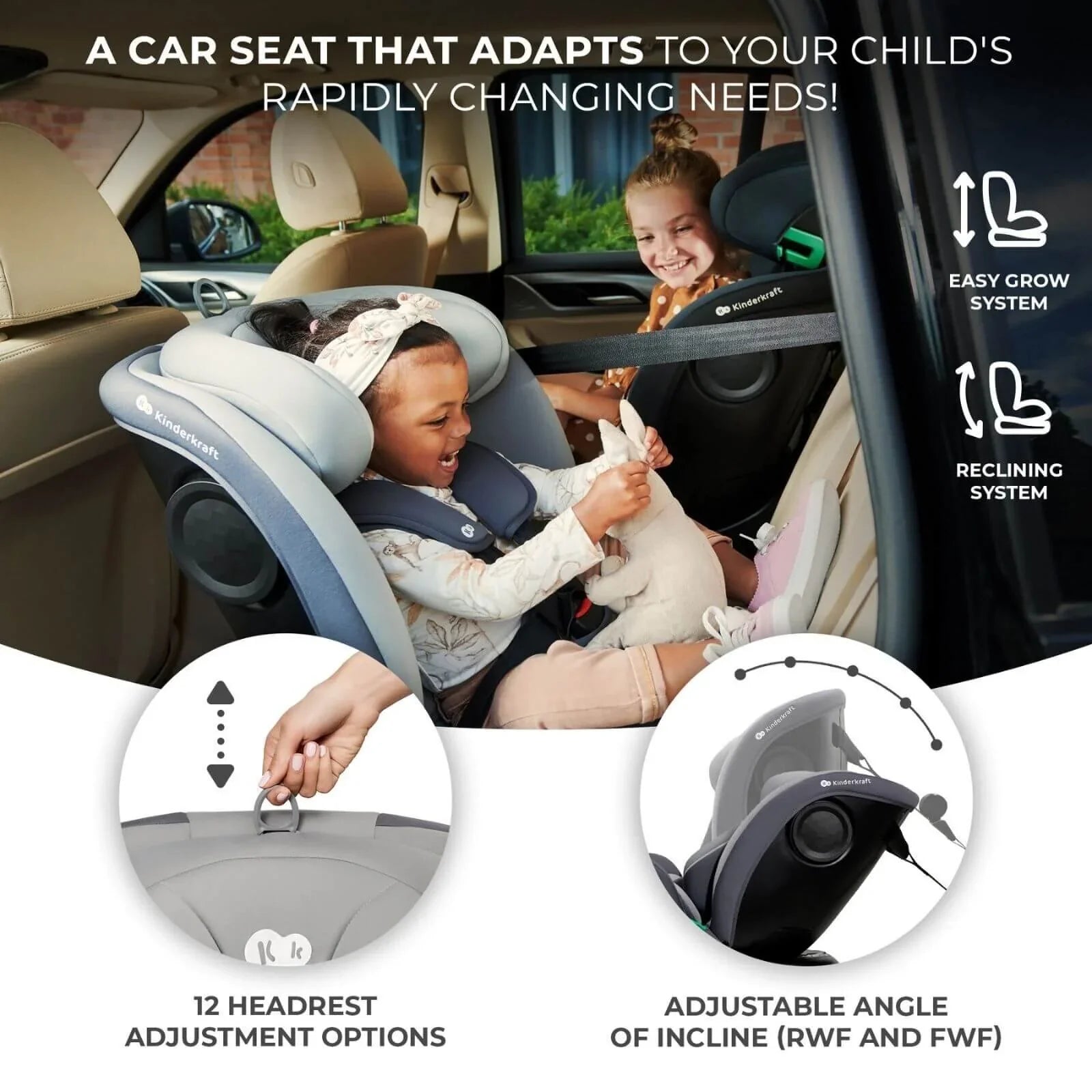 Kinderkraft i-Grow i-Size Car Seat (Birth to 12 Years) - Black