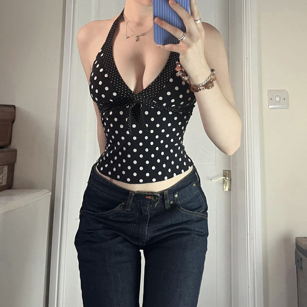 European And American-style Spicy-girl V-neck Figure-flattering Polka-dot Halter Vest