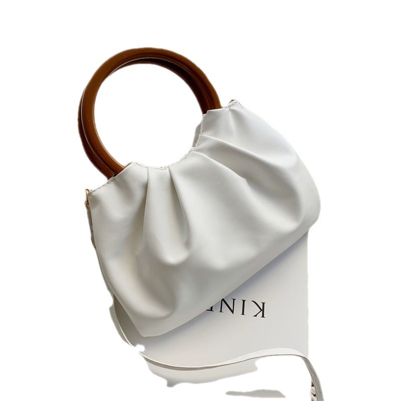Minimalist New Fashionable Pleated Soft Leather Bag Women's Simple Pure Color All-matching Messenger Bag Wooden Handle Bag Fashion