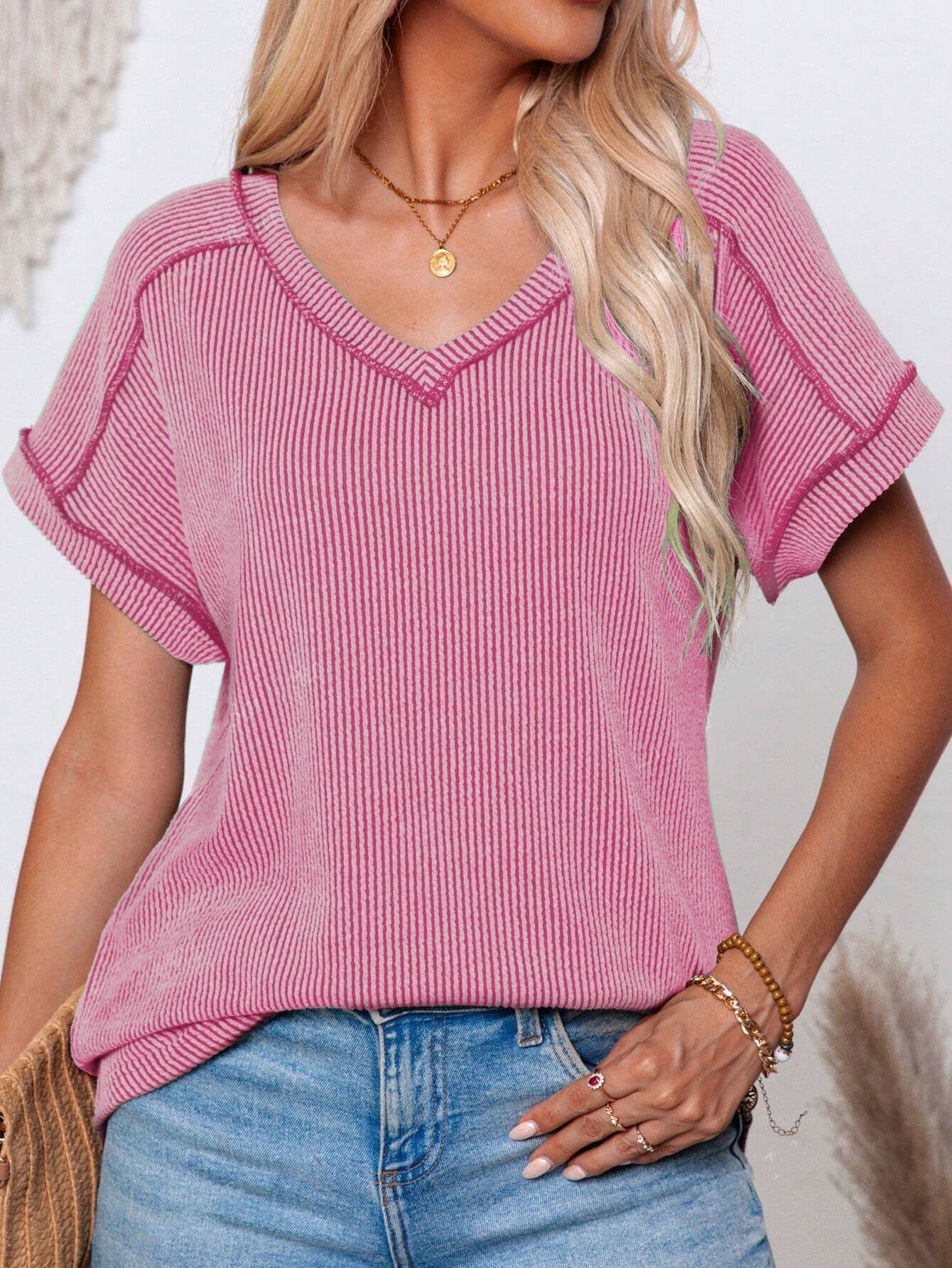 Fashionable Two-tone Twisty Stretch Short-sleeve V-neck Top Women's T-shirt