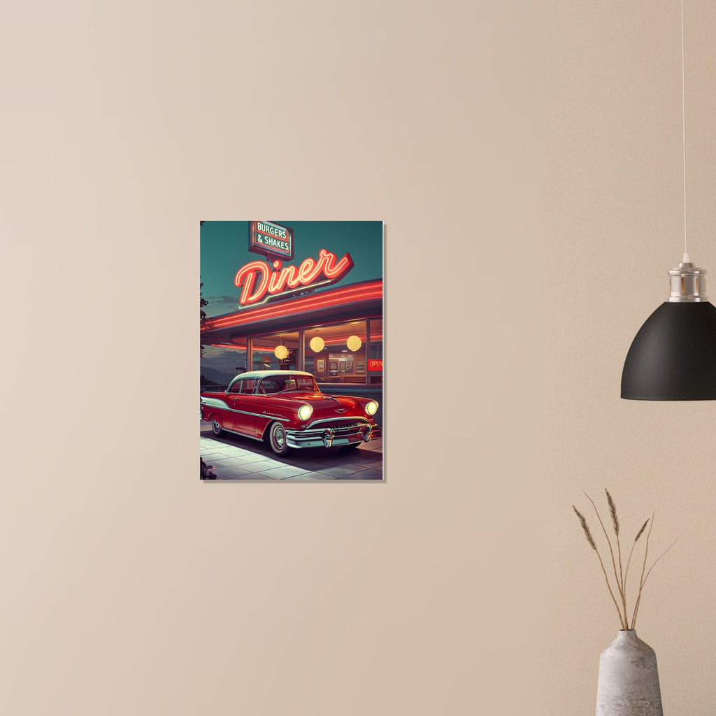 Vintage Red Car and Retro Diner Poster - Classic Americana Wall Art on Semi-Glossy Paper