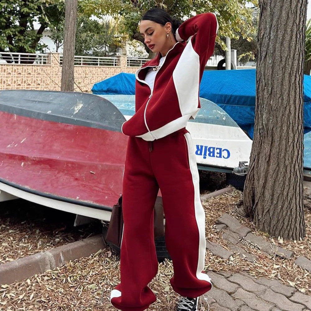 Casual Retro Contrast Color Long Sleeves Zipper Coat And Trousers Two-piece Set