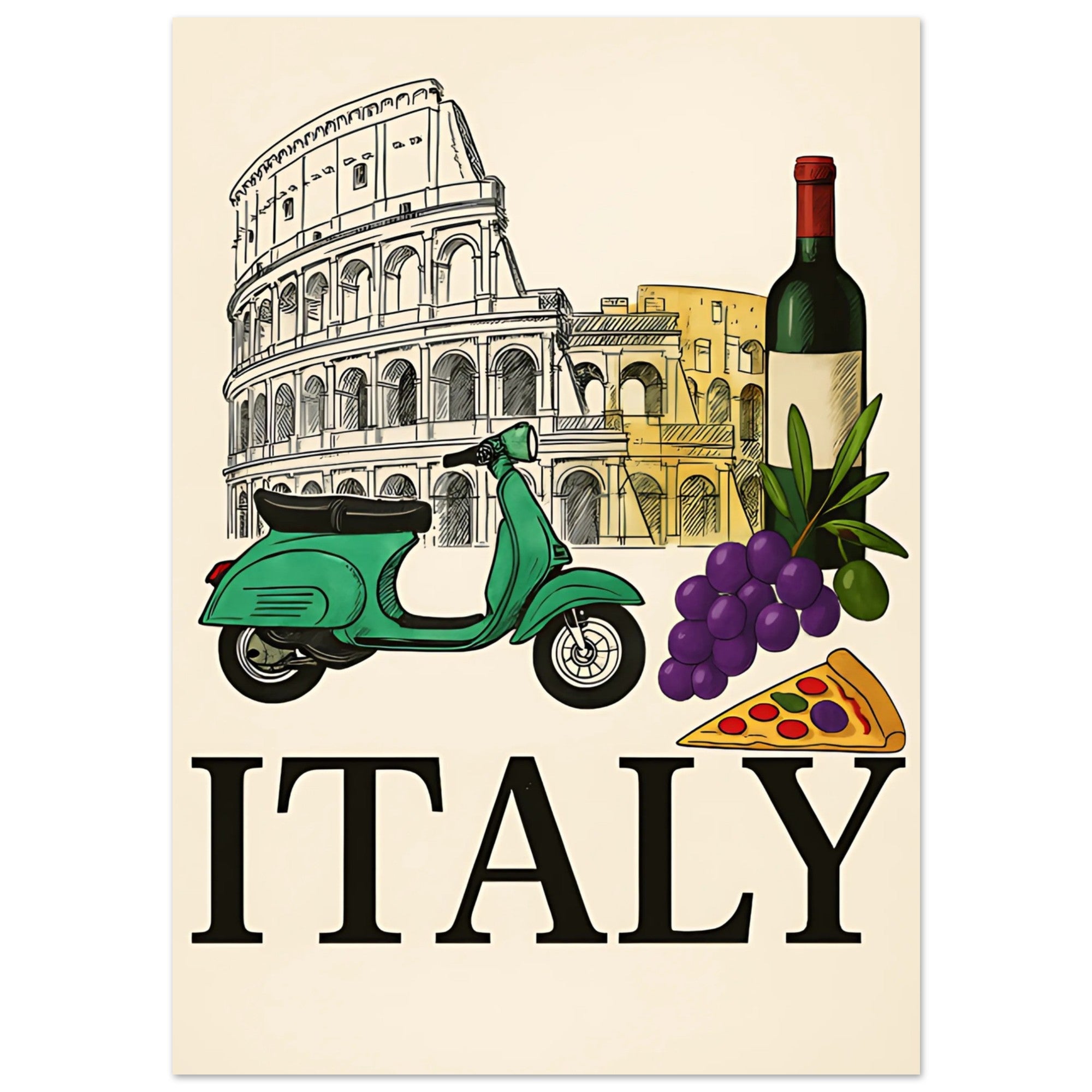Vintage Italy Travel Poster - Vespa, Pizza & Wine - Italian Home Decor