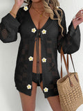 Women's European And American Woven Hollow-out Long-sleeved Blouse