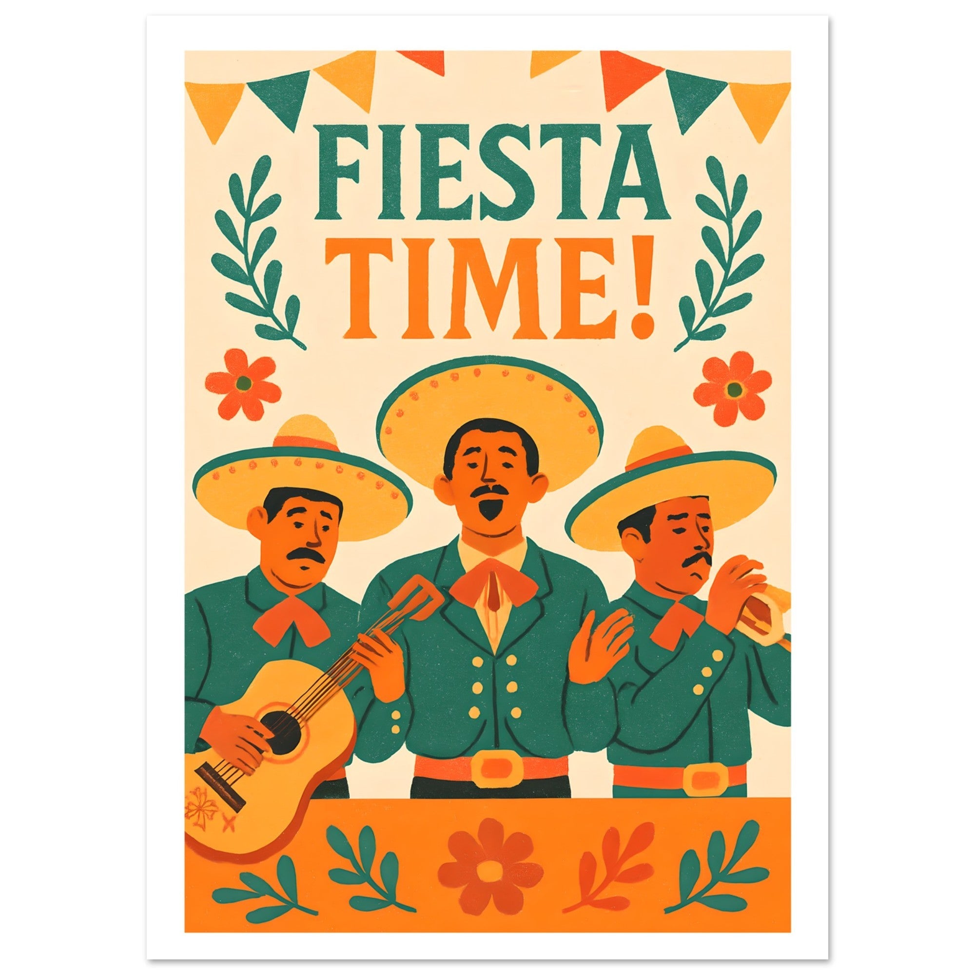 Fiesta Time Poster – Retro Mexican Wall Art – Vintage Mariachi Band Print – Colorful Festival & Cinco de Mayo Home Decor