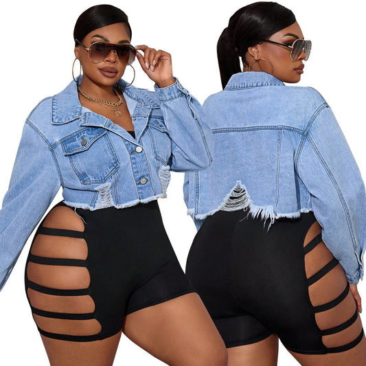 Women's Long-sleeve Ripped Denim Jacket