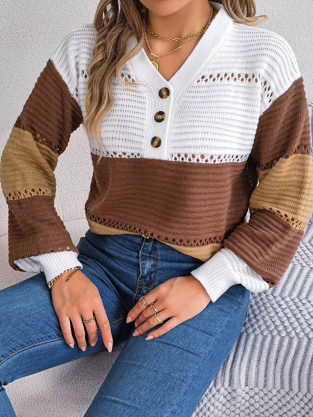 Women Casual Button V-Neck Hollow Out Color Block Lantern Sleeve Pullover Sweater