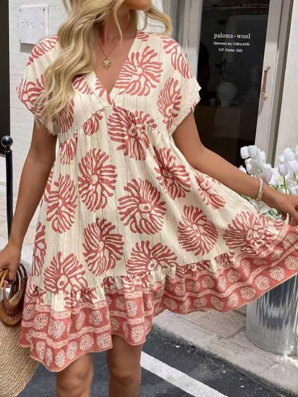 Women's Loose Casual V-Neck Digital-Print Short-Sleeve Dress