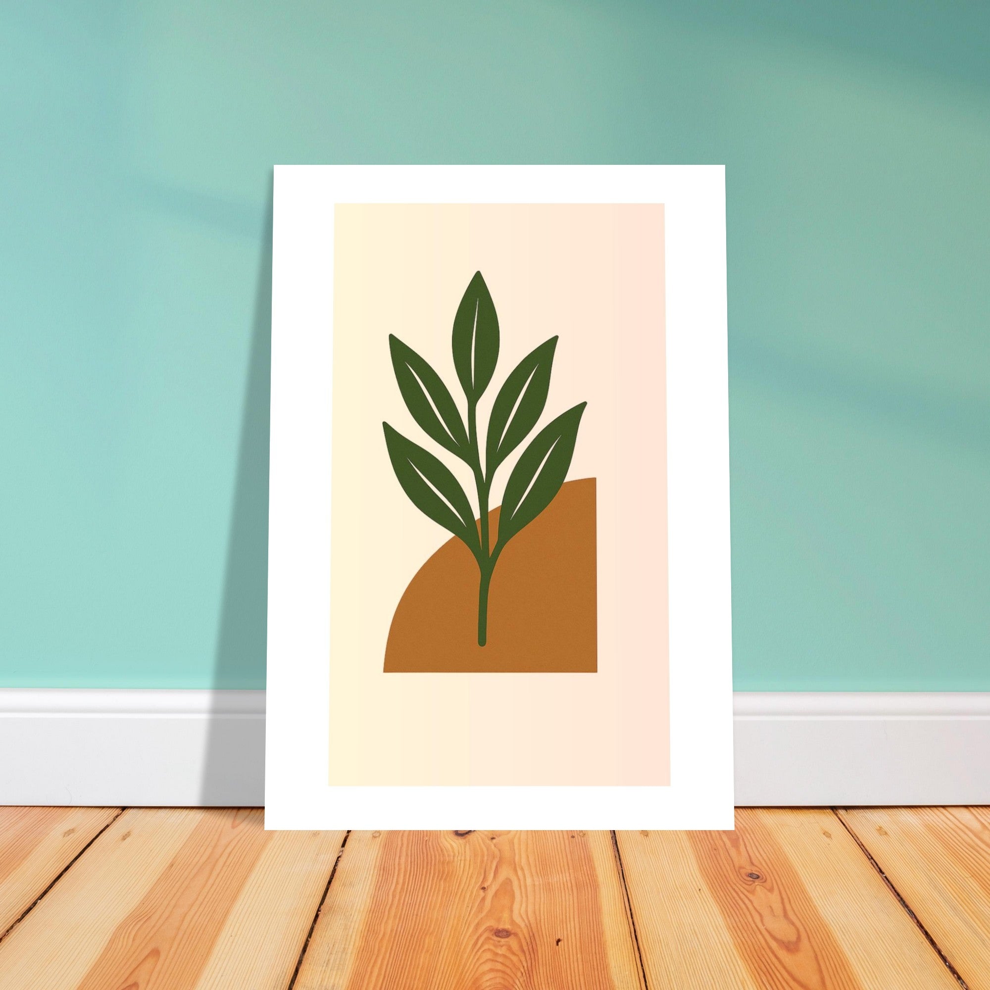 Green Leaf Botanical Wall Art – Minimal Plant Print with Terracotta Accent, Boho Decor