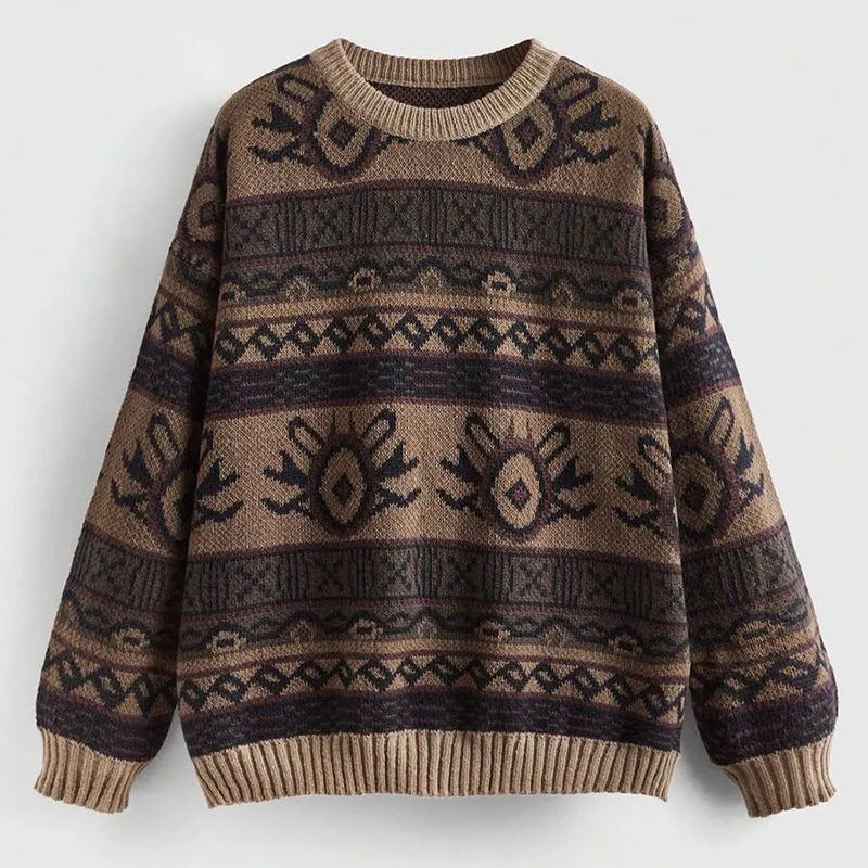 Women's Jacquard Color Block Pullover Sweater - Round Neck Knit